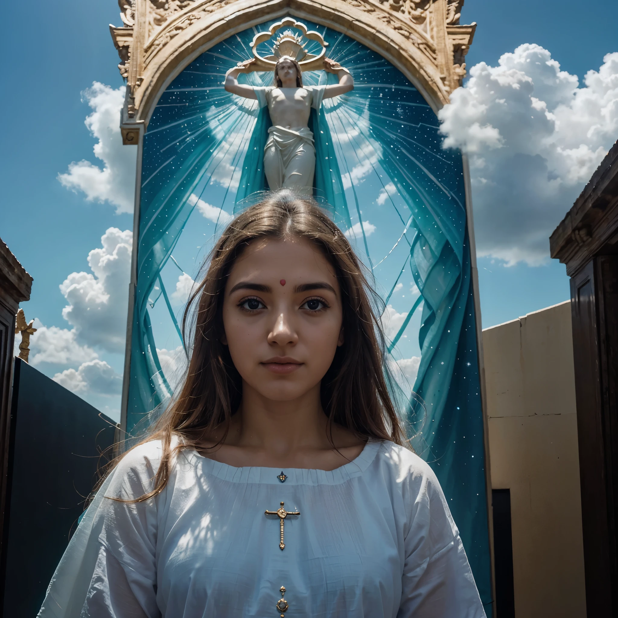 **Title: Divine Ascension**

Uma tela ampla em tons celestiais retrata a volta de Jesus. Fluttering clouds and adoring angels make up the foreground, enquanto a figura central de Jesus, radiant and marked by the scars of the crucifixion, emerge com uma aura divina. Raios de luz iluminam as nuvens, and details in the eyes convey compassion. Camadas de nuvens e uma perspectiva celestial proporcionam profundidade. "Divine Ascension" captura o momento sublime, inviting the contemplation of divine and redemptive transcendence.
