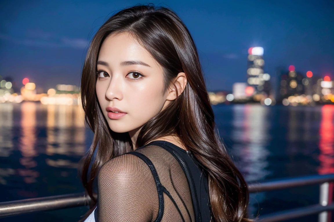 dark brown hair、light brown eyes、Japanese actress face、 Lady、looks like him;I&#39;m about 40 years old、(intricate details:1.2)、(highest quality:1.4)、 (ultra high resolution:1.2)、ultra high resolution、(detailed eyes)、(detailed facial features)、ticker、8K resolution、D cup size breasts、long hair、luxurious space、A fitness gym with a night view of Singapore、Against the backdrop of a beautiful night view、dazzling night view、full body photo、Photographed from head to toe、Look at the night view and look back at me、An expression that seems to have lost its power、beautiful legs、Gym Wear、fitness wear、