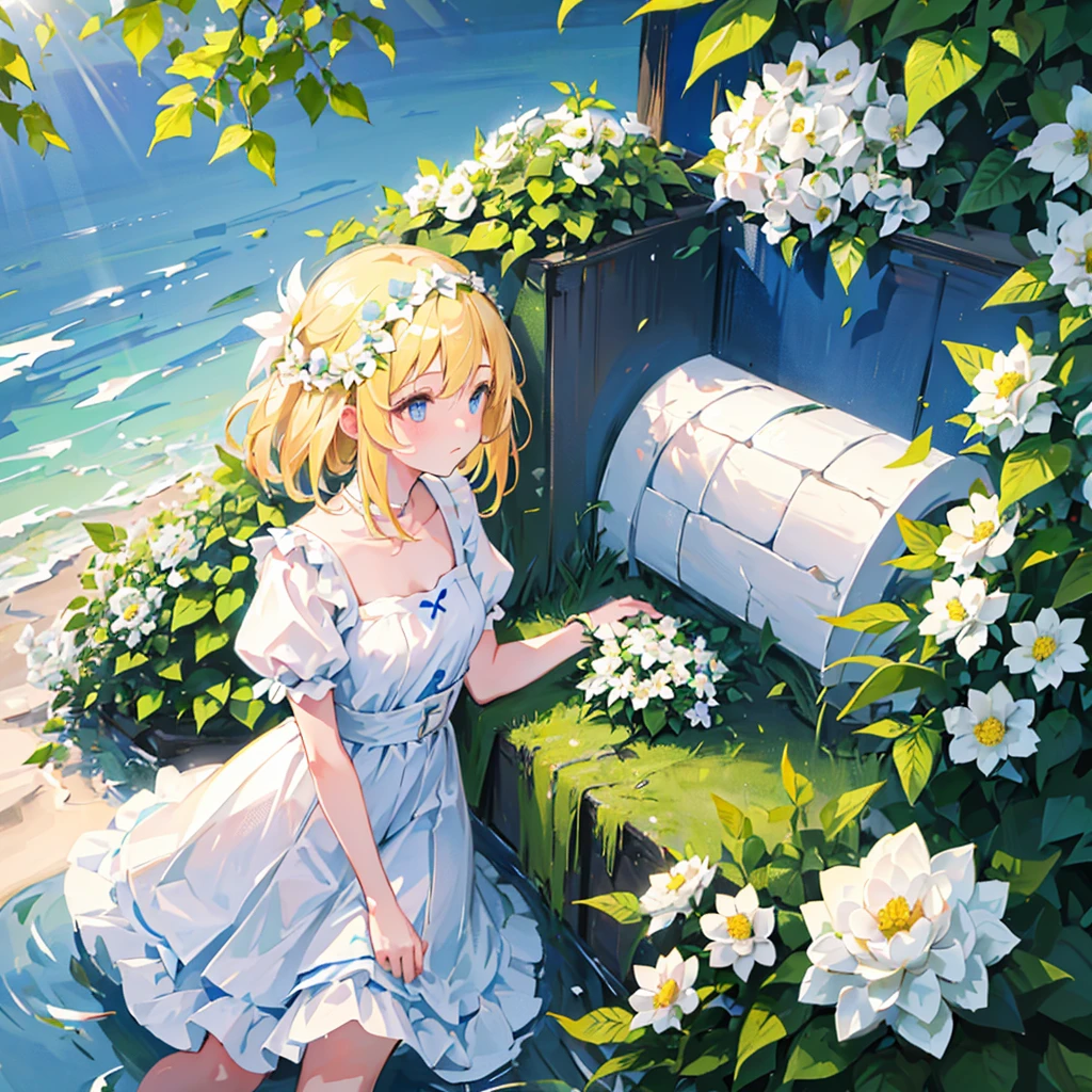 (1 girl, blonde hair, blue eyes, white sundress, kawaii), (white flower field, green road, brick tunnel, sunlight filtering through the foliage, clear water)