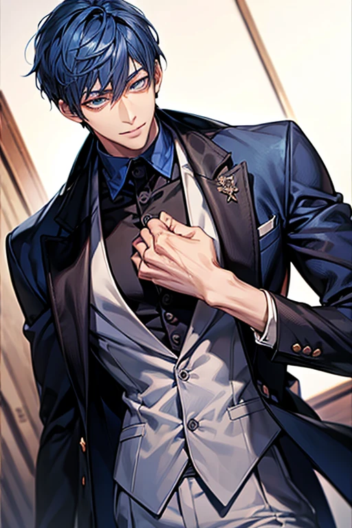 ((muste piece)), ((best quality)), ((brown skin)), ((dark blue eyes)), ((Dark blue hair))、handsome man , masculine、tall、sexy、Adult man、Three white eyes、handsome man、firmly、muscular、broad shoulders、smile、wild、とてもwild、(((black suit))、 (highest quality), very detailed, focus only, very detailed顔,Daiki Aomine