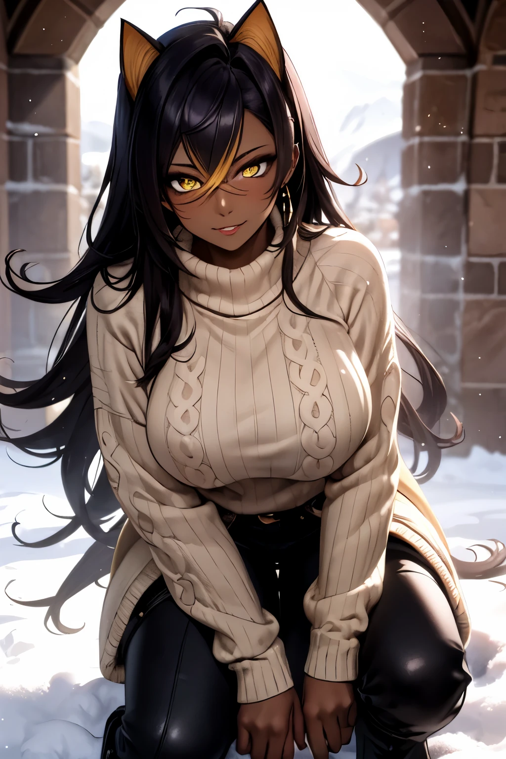 masterpiece,best quality,studio lighting,dehya, (dark skin),seductive pose, glowing eyes, (yellow eyes),perfect face, perfect hands, detailed lips, detailed nose, detailed eyes, (huge breasts), cat ears,confident smile,warm clothes,(((sweater))),pants,boots,long coat with fur collar,snowy scenery