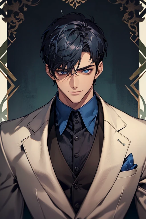 ((muste piece)), ((best quality)), ((brown skin)), ((dark blue eyes)), ((Dark blue hair))、handsome man , ((short hair:1.5)), masculine、tall、sexy、Adult man、Three white eyes、handsome man、firmly、muscular、broad shoulders、smile、wild、とてもwild、(((black suit))、 (highest quality), very detailed, focus only, very detailed顔,