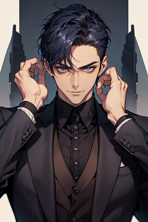 ((muste piece)), ((best quality)), ((brown skin)), ((dark blue eyes)), ((Dark blue hair))、handsome man , ((short hair:1.5)), masculine、tall、sexy、Adult man、Three white eyes、handsome man、firmly、muscular、broad shoulders、smile、wild、とてもwild、(((black suit))、 (highest quality), very detailed, focus only, very detailed顔,
