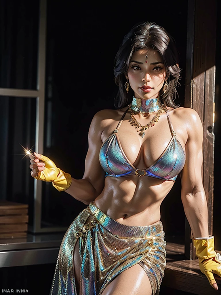 1female, a 50-year-old indian, ifbb, shiny gold skirt, dark skinned, sheer gloves, thick lips, iridescent bra

