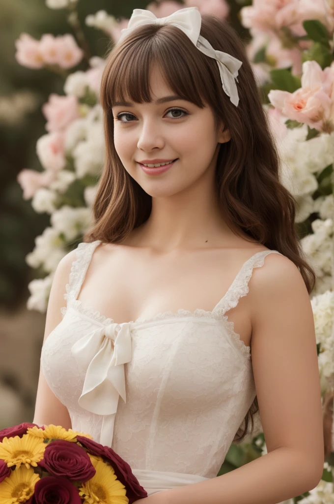 Medium view, medium shot, Depth of bounds written, bust, Upper body, cinematic angle, masterpiece, highest quality, Super detailed, cg, 8k wallpaper, beautiful face, delicate eyes, maiden, alone, smile, bangs, skirt, shirt, have, dress, bow, petal, bouquet