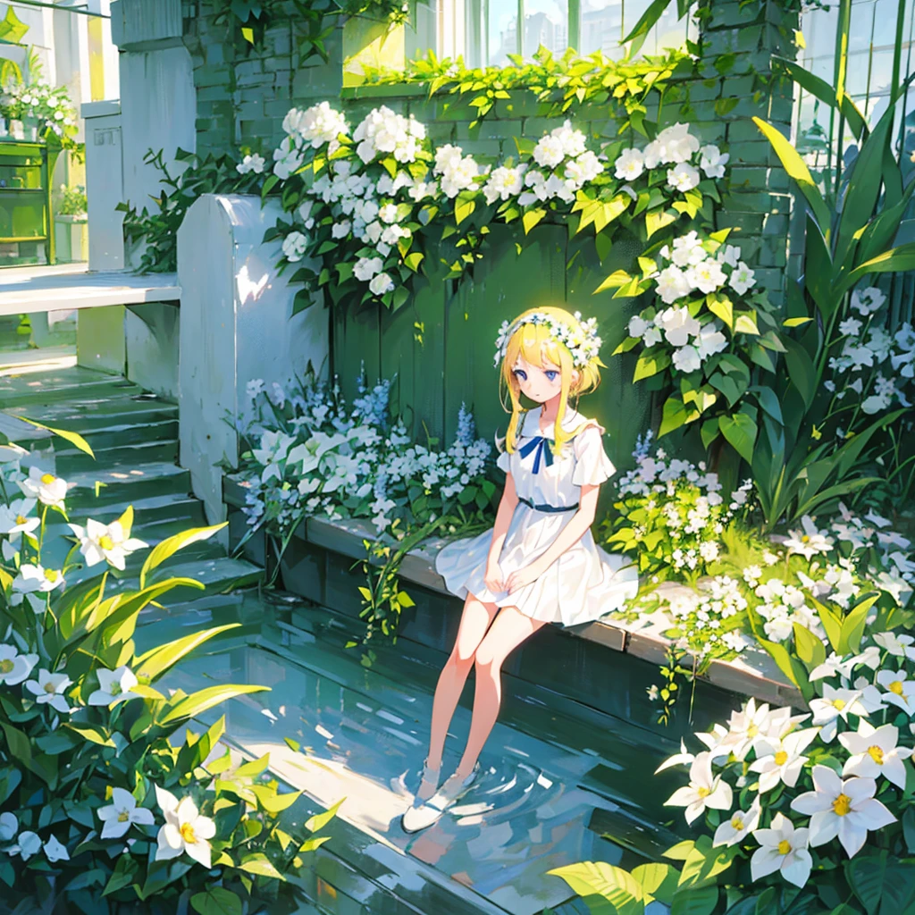 (1 girl, blonde hair, blue eyes, white sundress, kawaii), (white flower field, green road, brick tunnel, sunlight filtering through the foliage, clear water)