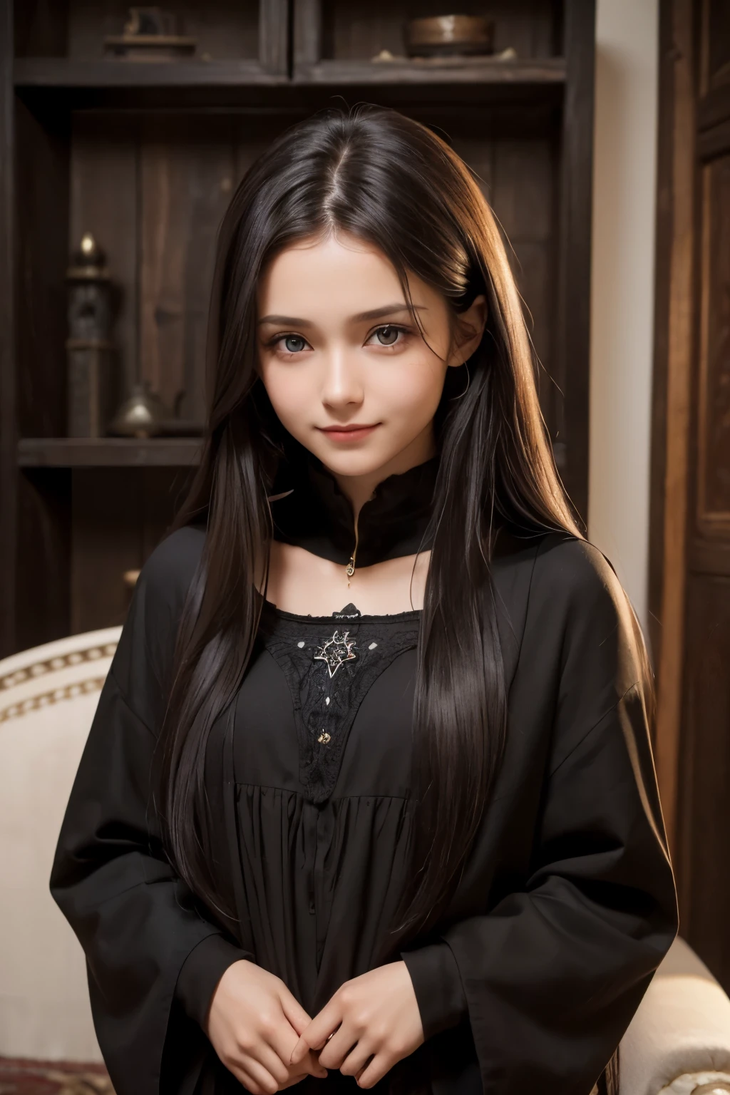 (1Girl, russian model, ((beautiful, perfect)), ((brown eyes)), long hair black hair, noble, ((cute, petite)), shy smile, wearing simply ((black)) medieval clothes), (in a wooden living room)
