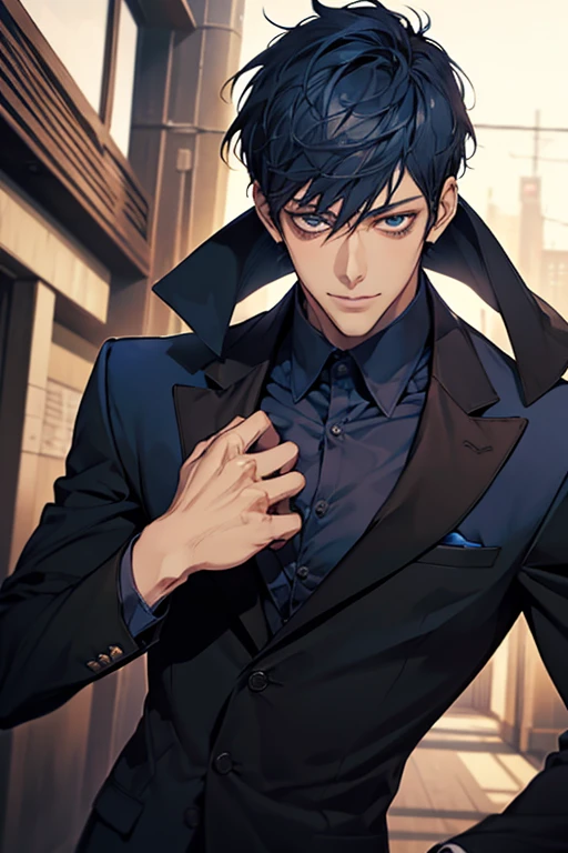 ((muste piece)), ((best quality)), ((brown skin)), ((dark blue eyes)), ((Dark blue hair))、handsome man , ((short hair:1.5)), masculine、tall、sexy、Adult man、Three white eyes、handsome man、firmly、muscular、broad shoulders、smile、wild、とてもwild、(((black suit))、 (highest quality), very detailed, focus only, very detailed顔,Daiki Aomine