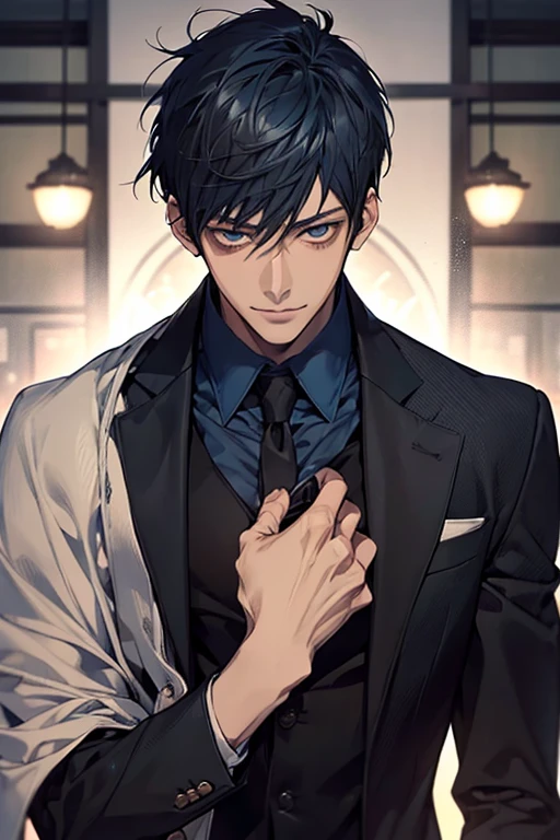 ((muste piece)), ((best quality)), ((brown skin)), ((dark blue eyes)), ((Dark blue hair))、handsome man , ((short hair:1.5)), masculine、tall、sexy、Adult man、Three white eyes、handsome man、firmly、muscular、broad shoulders、smile、wild、とてもwild、(((black suit))、 (highest quality), very detailed, focus only， very detailed顔，Daiki Aomine