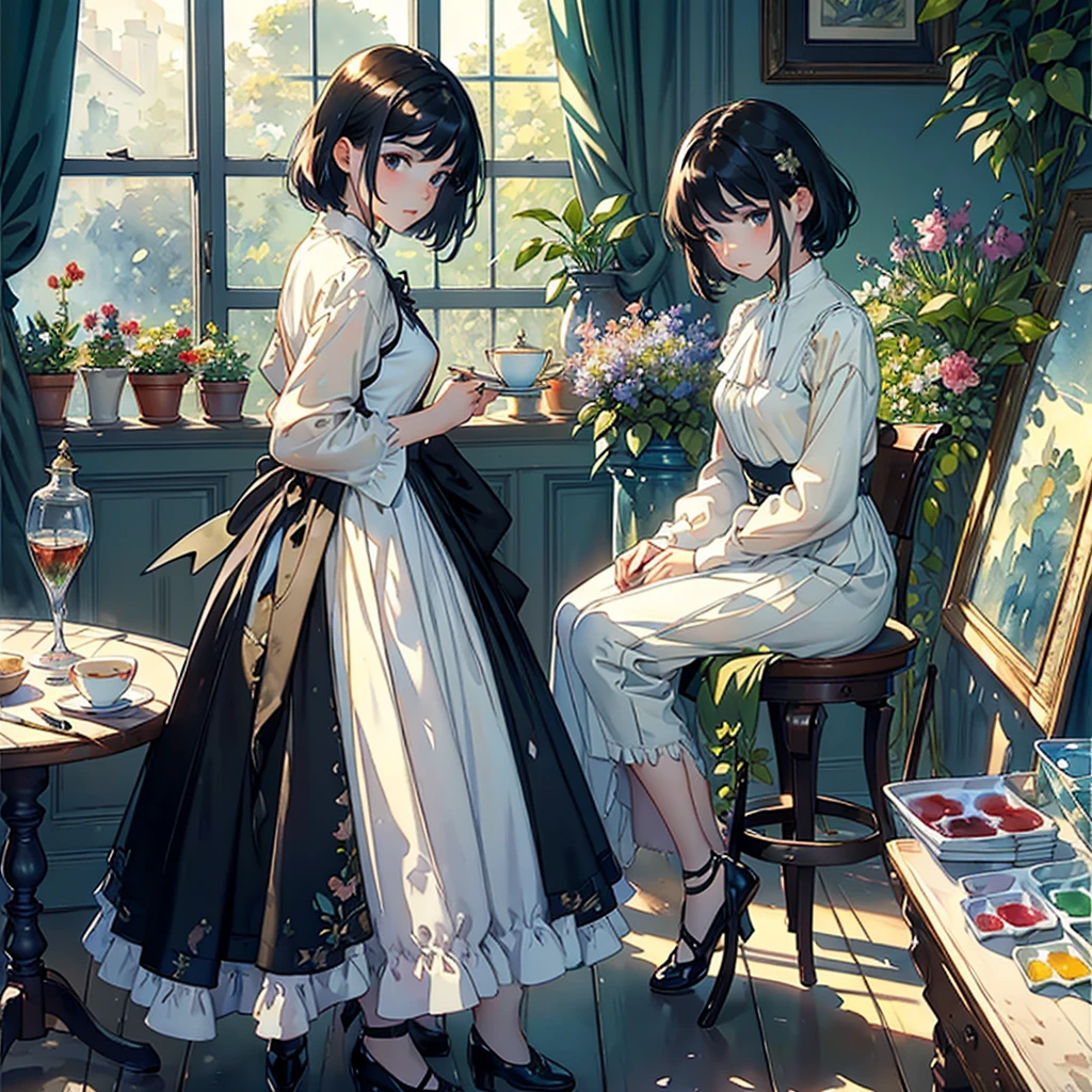 ((Watercolor by singer Sargent))、(highest quality、masterpiece)、1 girl、16 years old、wonderful、short black hair、black eye、small breasts、uniform、long skirt、botanical garden、flower shop、table、Floral、tea set、window、aquarium、Foliage plant、 wood,soft light、