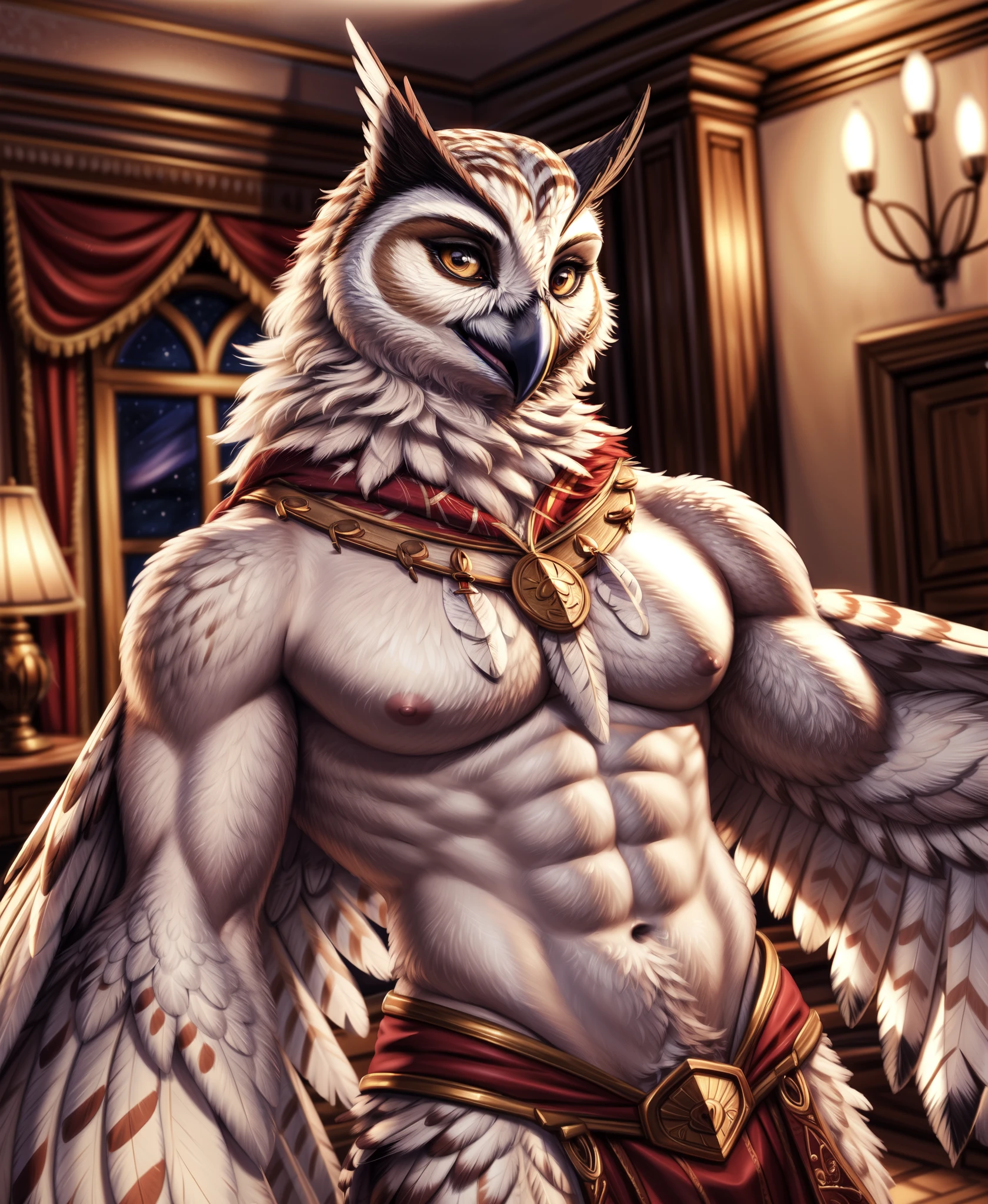 fantasy art, avian, owl, feathers, white body, winged arms, finger claws, white feathers, muscular, clothing, in a room background, by personalami, by tojo the thief, photorealistic, elegant, realistic, masterpiece, 4k, sharp focus