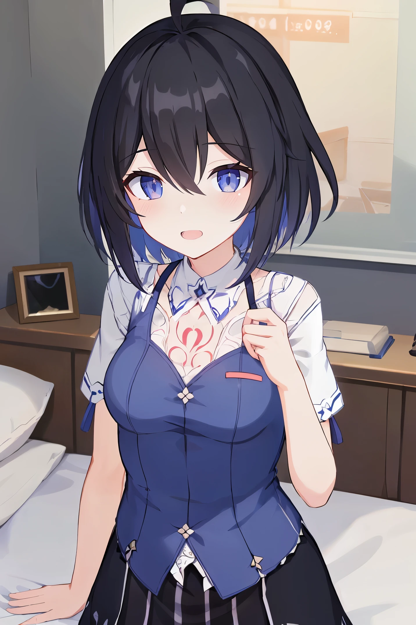 1 girl, best quality, ultra high res, ahoge, Seele Vollerei, medium breast, smile, small body, open mouth, azure clothes, short sleeves, bedroom, white bed sheets, pov, chest  tattoo, upper body, looking at viewers, looking you, blue eyes,