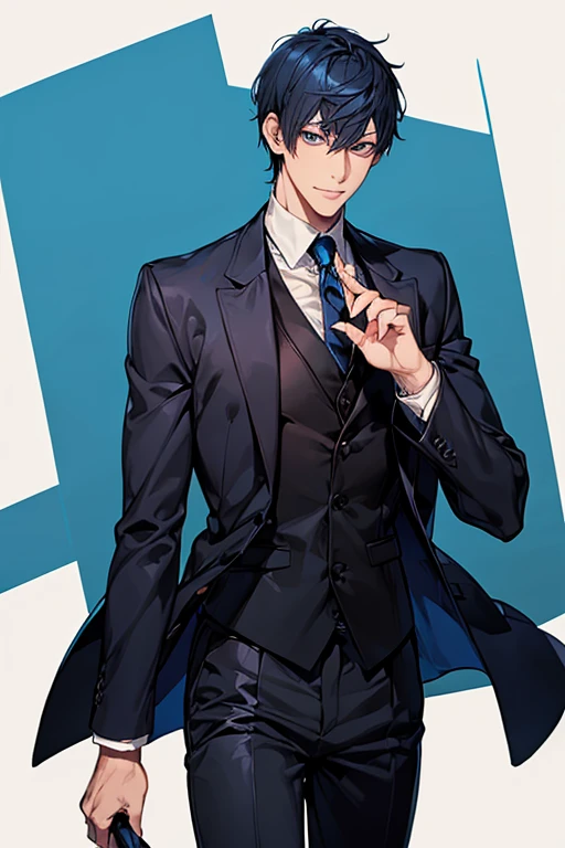 ((muste piece)), ((best quality)), ((brown skin)), ((dark blue eyes)), ((Dark blue hair))、handsome man , ((short hair:1.5)), masculine、tall、sexy、Adult man、Three white eyes、handsome man、firmly、muscular、broad shoulders、smile、wild、とてもwild、(((black suit))、 (highest quality), very detailed, focus only, very detailed顔,Daiki Aomine