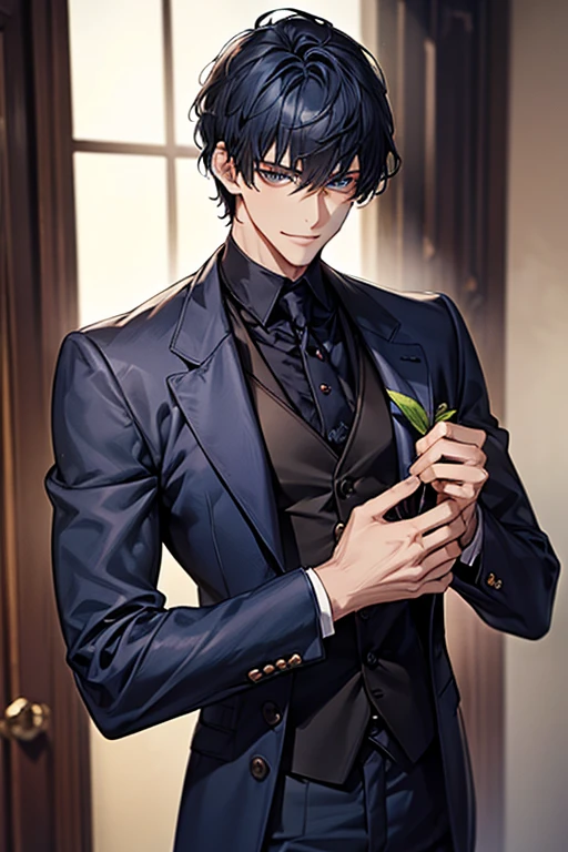 ((muste piece)), ((best quality)), ((brown skin)), ((dark blue eyes)), ((Dark blue hair))、handsome man , ((short hair:1.5)), masculine、tall、sexy、Adult man、Three white eyes、handsome man、firmly、muscular、broad shoulders、smile、wild、とてもwild、(((black suit))、 (highest quality), very detailed, focus only, very detailed顔,