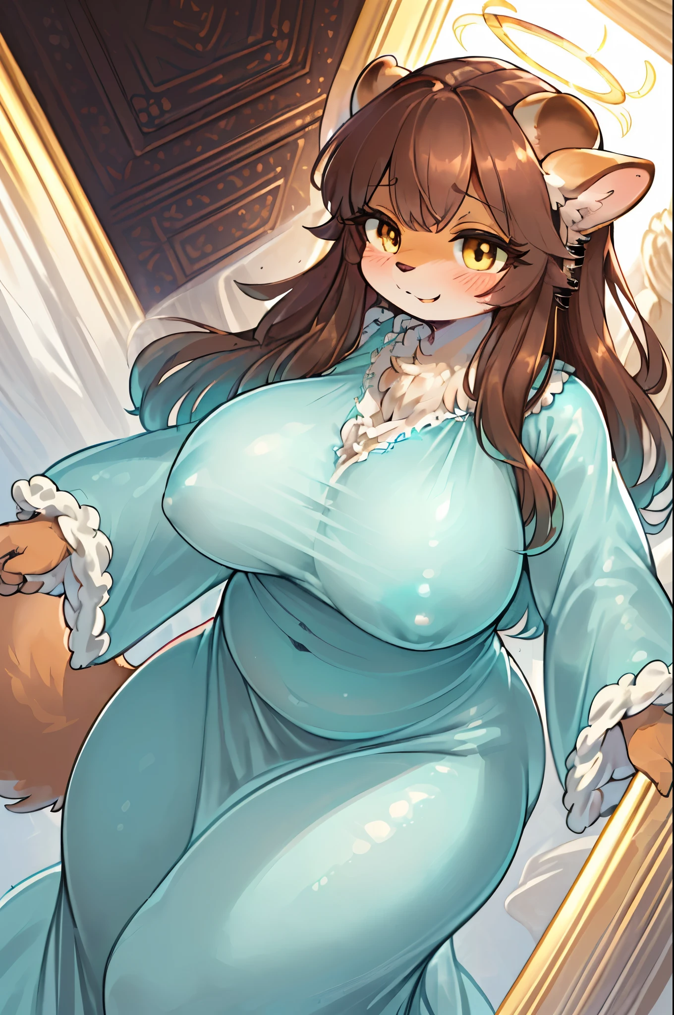 (masterpiece:1.2), best quality, (extremely detailed face:1.4), (highly detailed eyelash:1.6), highly detailed eyes, sharp details, high contrast, (shiny skin), elegant, elegant face, (thick body), massive breasts, milfy face, Anatomical, Award-winning concept art, fine details, ultra detailed, masterpiece, best quality, 1girl, ((((full body)))), ((absurdly long Chocolate brown hair)), thick hair, huge angel wings, toga, large breasts, (plump), relaxed, (((chubby))), ((angel)), (((((tight fitting gown))))), ((((opaque teal colored gown))), ((angel halo)), small wings, warmly smiling, laughing, (full of joy), gold eyes, motherly, (mommy), gigantic, (((voluptuous))), (fat rolls), pencil sketch and watercolors, ((watercolor speedart illustration)), (body blush:0.9), volumetric lighting, (((((dynamic angle))))), very detailed background, (((blushing))), ((side view)), (((((fully covered))))), ((long sleeves)), looking at viewer, ((((kemono)))), (furry), ((very fuzzy)), (((furry breasts))), ((squirrel)), ((big fluffy Squirrel tail)),