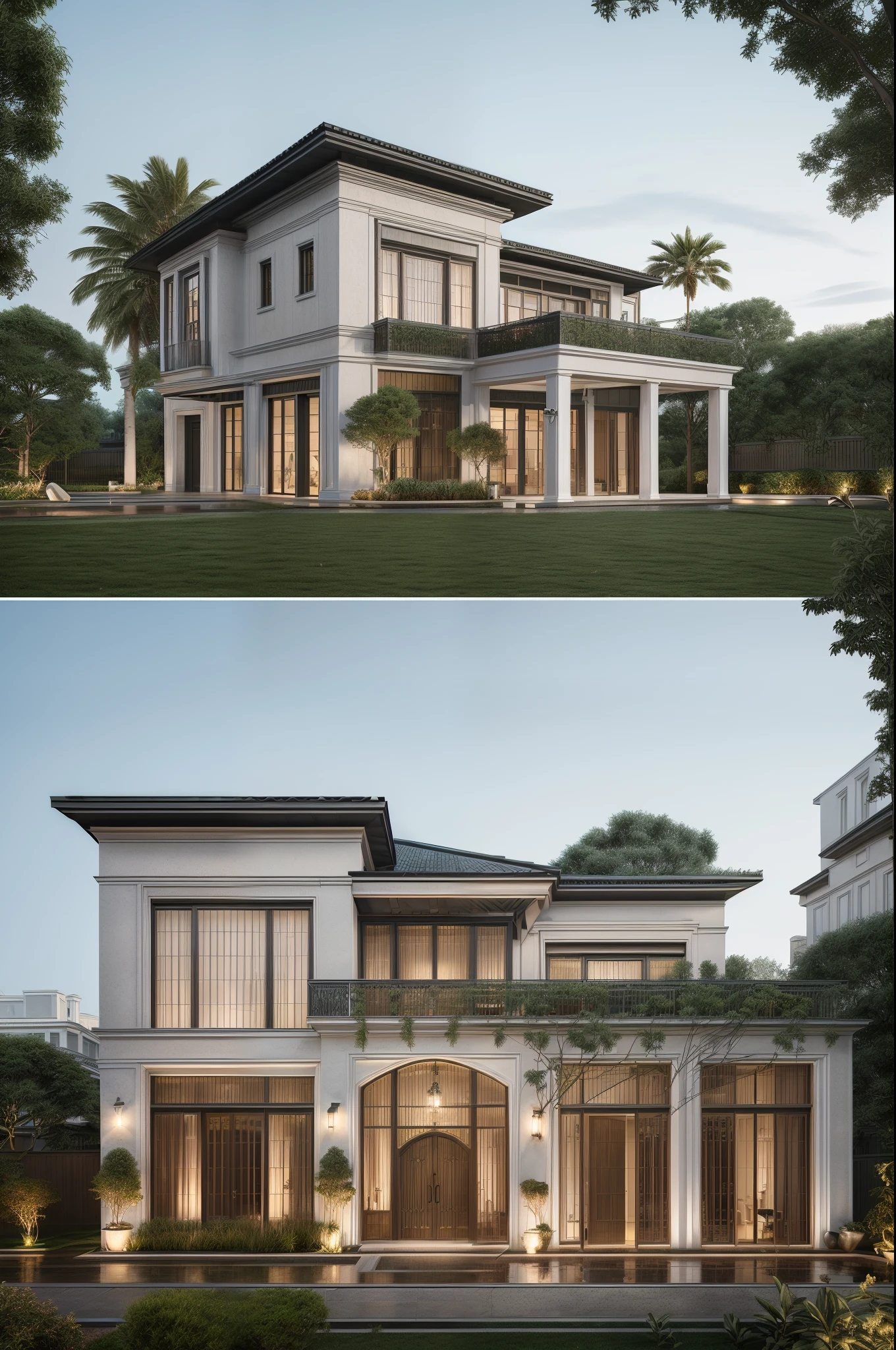 When design a MEDITERRANEAN EXTERIOR house, exterior design, (dark blue roof:1.1), (roof tile:1.2), (indochine style:1.1), ((Iron with artistic patterns detail:1.3) designed to make railings, windows),(xingfa door), (curved arch:1.35), (white wall), (nigh light:1.2), (night view:1.2),designed to make gates, railings, windows), The house bathed in natural nightlight and has warm LED lighting. Super sharp like photos taken with a professional camera, color block wall detail, (|color block materials| in neoclassic house), white color block neoclassic house (((volumetric light))), (outdoor ceiling spotlight:1.2), (Exterior night reverse lights:1.2), (|neoclassical cornice|), The focal point of the room the warm LED light with a color temperature of 3600k, |reverse lights| illuminate the columns around the house, night, 8k uhd, dslr, soft lighting, high quality, film grain, Fujifilm XT3 day, 8k uhd, dslr, soft lighting, high quality, film grain, Fujifilm XT3, The ambient lighting highlights the textures and details, creating a stock photo-like atmosphere, (((Best Quality))), ((Masterpiece)), ((best illustration)), ((best shadows)), ((Super Detail)), (Intricate lines), (Photorealism),(hyper detail), ((archdaily)), ((award winning design)), (dynamic light), ((day)), (perfect light), (shimering light), (hidden light), ((photorealistic)), ((FKAA, TXAA, RTX, SSAO)), ((Post Processing)), ((Post-Production)), ((CGI, VFX, SFX)), ((Full color)) ,((Unreal Engine 5)), ((intricate detail)), ((extreme detail)), ((science)), ((hyper-detail)), ((super detail)), ((super realistic)), ((crazy detail)), ((octane render)), ((Cinematic)), ((trending on artstation)), ((High-fidelity)), ((Viwvid)), ((Crisp)), ((Bright)), ((Stunning)), ((Eye-catching)), ((High-quality)),((Sharp))((Bright)), ((Stunning)), Natural, ((Eye-catching)), ((Illuminating)), ((Flawless)), ((High-quality)),((Sharp edge render)), ((medium soft lighting)), ((photographic render)), ((detailed archviz))