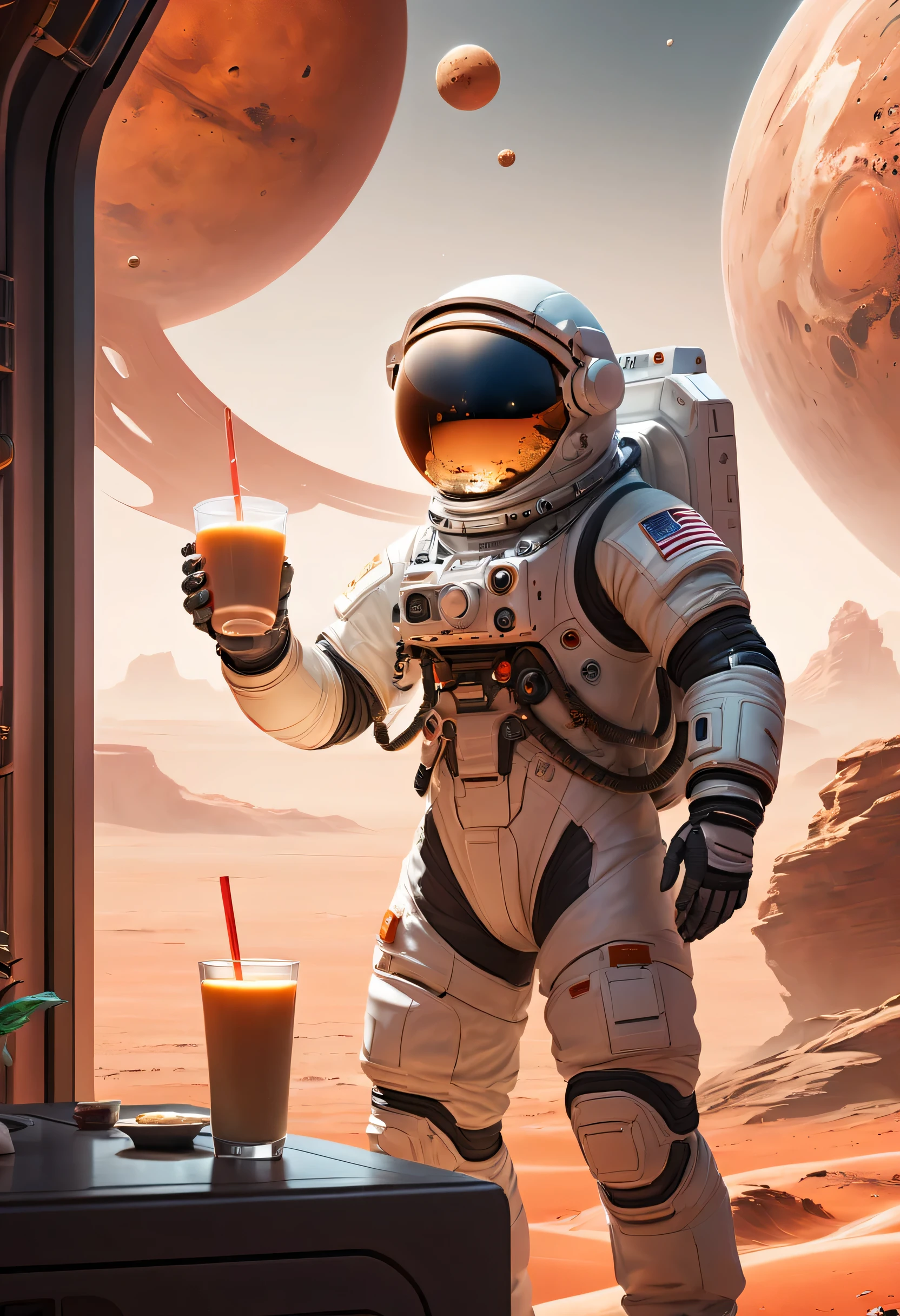 The scene is grand: The highly advanced technological world of 2090, Features cutting-edge architecture, new modes of transportation, and high-tech daily facilities.
Environment settings: Cyberpunk-style buildings and facilities combine with the unique environmental characteristics of Mars, such as red desert and rocks.
main frame: an Astronaut in Spacesuit, Holding a specially designed space milk tea container. The expression is happy and satisfied.
shooting: The camera is level, Focus on the astronaut’s face and the milk tea in his hand. This close-up captures the detailed expressions of an astronaut sipping milk tea.
light: Soft moonlight illuminates the astronauts and their surroundings.
atmosphere: Calm and mysterious focus, The astronaut seemed engrossed in sipping milk tea, Thinking about what it feels like to be far away from Earth.