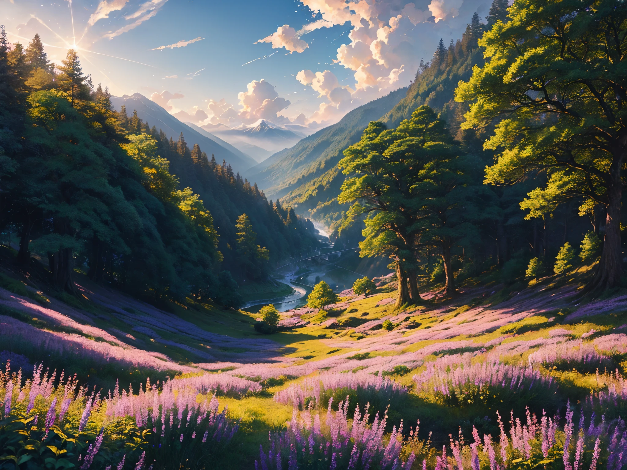 Imagine a scene featuring a sparkling sky adorned with clouds, where a beam of sunlight emerges on the horizon, casting its radiant glow over a forest. This enchanting forest is brought to life with an array of shallow flowers, each delicately decorating the landscape in a realistic anime style, rendered in high definition. Above, the sky is a mesmerizing canvas, with clouds drifting elegantly amidst the shimmering glow. A ray of sunlight pierces through, painting the horizon with warm hues and illuminating the anime-inspired forest below. As the light filters through the treetops, various vibrant and shallow flowers bloom, creating a captivating and detailed scene. The petals gently sway in the breeze, adding a dynamic and enchanting quality to the atmosphere. The meticulous attention to detail, characteristic of high-definition anime, is evident in every petal, leaf, and ray of sunlight, delivering a stunningly realistic portrayal. This anime-style landscape is a fusion of realism and artistic expression, where the beauty of nature converges with the intricate charm of anime, all captured in a breathtaking high-definition version((obra de arte)),((melhor qualidade)),((alto detalhe)),((realista,)) Cidade da era industrial, desfiladeiros profundos no meio, ruas arquitetônicas, bazares, pontes, Dias chuvosos, steampunk, Arquitetura europeia
