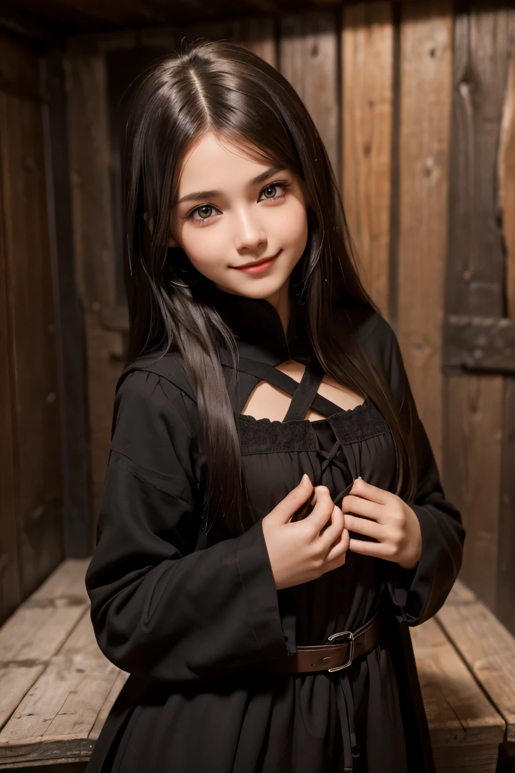 (1Girl, russian model, ((beautiful, perfect)), ((brown eyes)), long hair black hair, noble, ((cute, petite)), shy smile, wearing simply ((black)) medieval clothes), (in a wooden cabin)