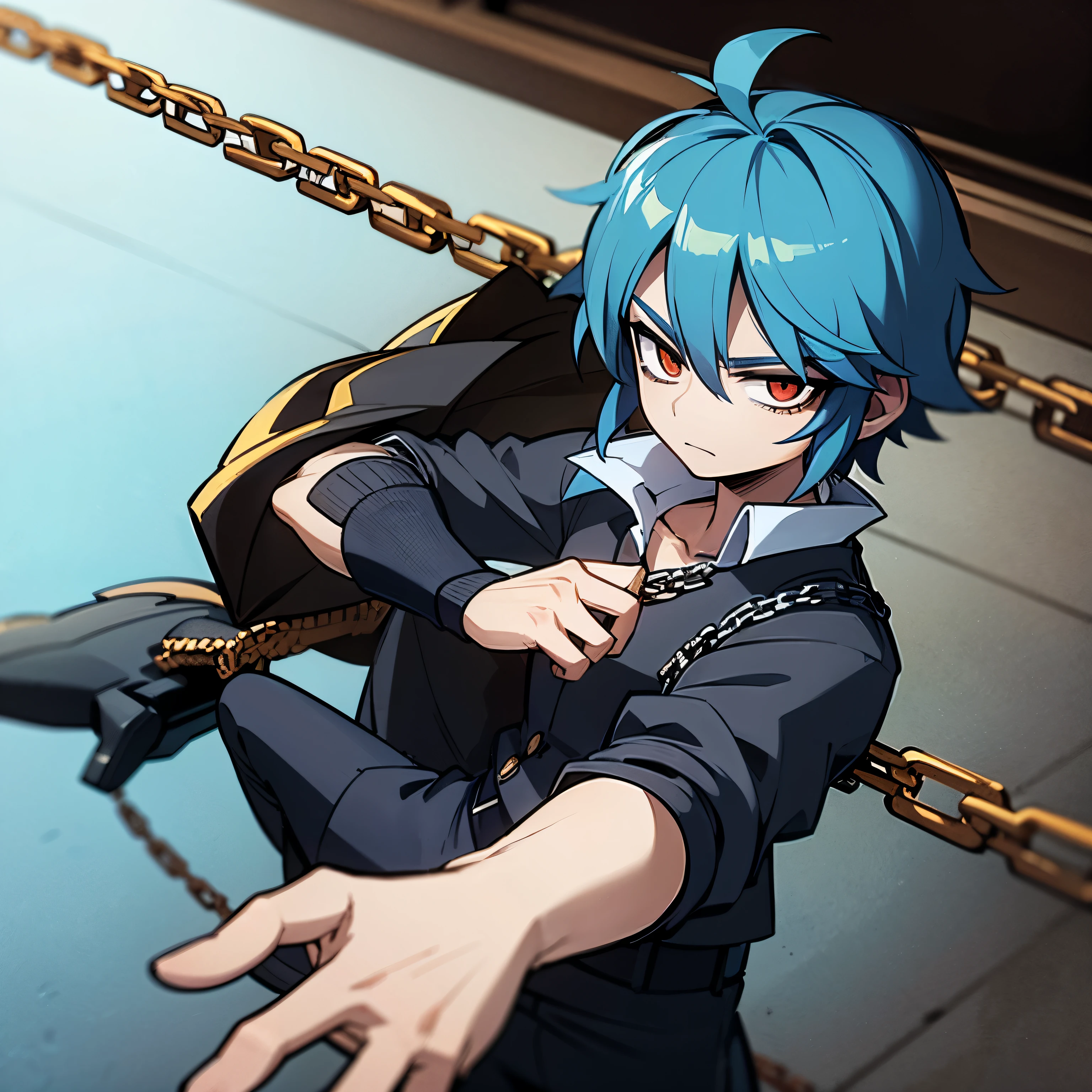 Anime style image of a boy in a school uniform and his right arm full of chains.