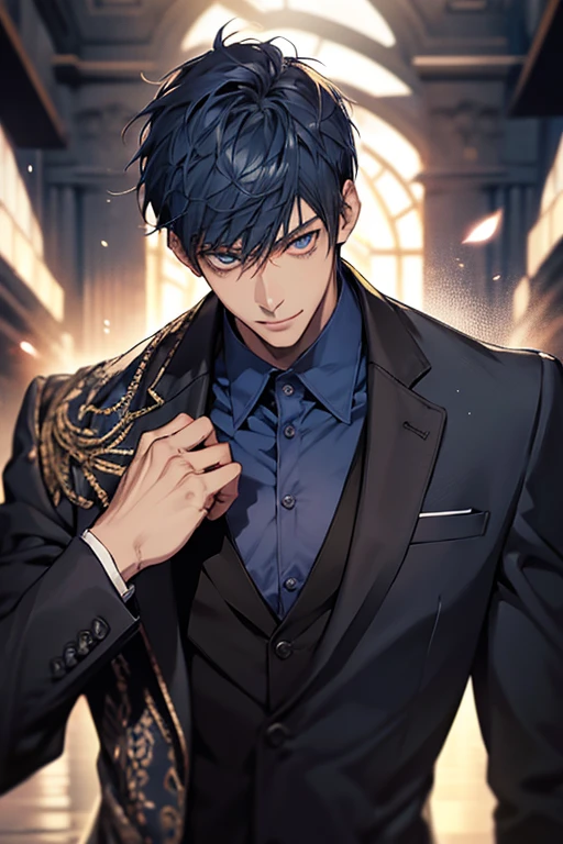 ((muste piece)), ((best quality)), ((brown skin)), ((dark blue eyes)), ((Dark blue hair))、handsome man , masculine、tall、sexy、Adult man、Three white eyes、handsome man、firmly、muscular、broad shoulders、smile、wild、とてもwild、(((black suit))、 (highest quality), very detailed, focus only, very detailed顔,Daiki Aomine