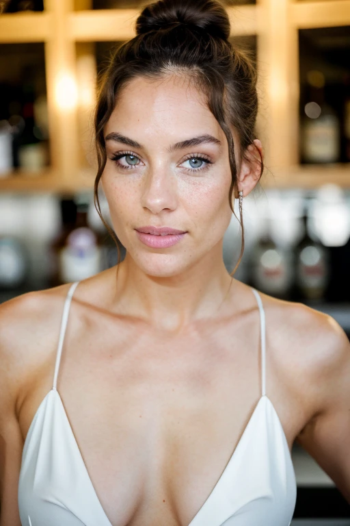 a photograph of an astonishing beautiful woman (jessicabiel:gal gadot:0.5) naked, looking at the camera, highlighted bun hair, pale turquoise eye, hourglass figure, perfect body, cantine background, long shot, asymmetric, warm lighting, dslr, ultra quality, sharp focus, tack sharp, dof, highly detailed glossy eyes, high detailed skin, skin pores, best quality, high quality, highres, detail enhancement, humid, overcast, detailed face and eyes, higly detailed skin, 8k uhd, sharp focus, professional, best quality((best quality)), ((masterpiece)), (detailed), perfect face, liquor bottles, bartender