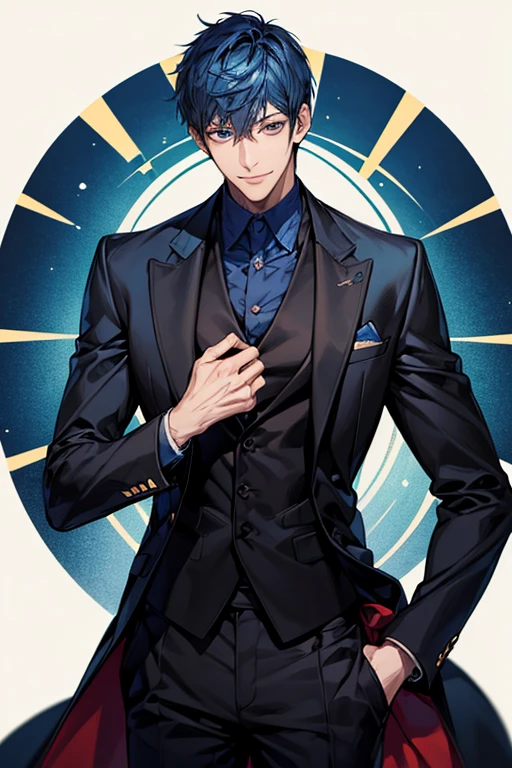 ((muste piece)), ((best quality)), ((brown skin)), ((dark blue eyes)), ((Dark blue hair))、handsome man , masculine、tall、sexy、Adult man、Three white eyes、handsome man、firmly、muscular、broad shoulders、smile、wild、とてもwild、(((black suit))、 (highest quality), very detailed, focus only， very detailed顔，Daiki Aomine