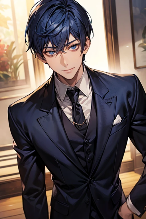 ((muste piece)), ((best quality)), ((brown skin)), ((dark blue eyes)), ((Dark blue hair))、handsome man , masculine、tall、sexy、Adult man、Three white eyes、handsome man、firmly、muscular、broad shoulders、smile、wild、とてもwild、(((black suit))、 (highest quality), very detailed, focus only， very detailed顔，Daiki Aomine