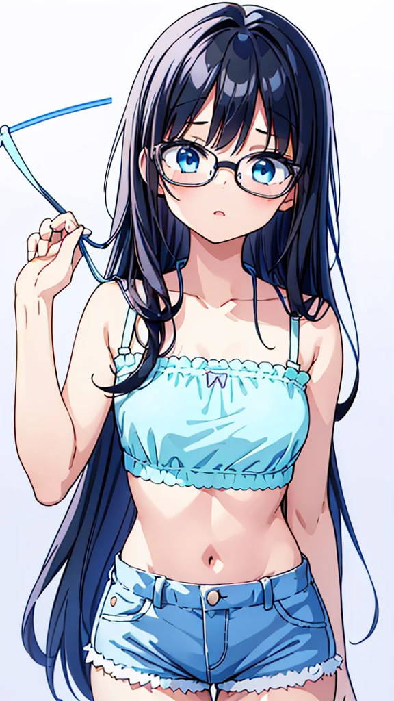 highest quality,wonderful,finely,extremely detailed CG Unity 8K wallpaper, 1 girl, (medium breasts, erect nipples:1.2),(from below),(Light blue striped micro bikini:1.4) black hair, glasses, blue eyes,twin tails,(10 years old)