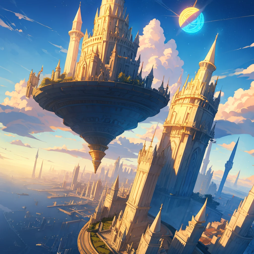 highest clarity, perfect lighting, clear focus, 16k, best quality, masterpiece, Far view，（The most distant view：2），（Panorama：1.5），（long distance top view：1.3），

（Fantasy style：1.2），（Middle Ages：2），（The city floats in the sky），Futuristic architectural art，（black architectural style：1.3），

（light is gloomy：1.3），magnificent, spectacular, huge

（Magic Tower：2），（magic circle）,（huge magic circle）,（Magic Halo），（obelisk community：2）, （flying ark city：1.3 ）,（Floating air city：1.3），Magic City，

Rendering of building with minaret roof and sky background, 