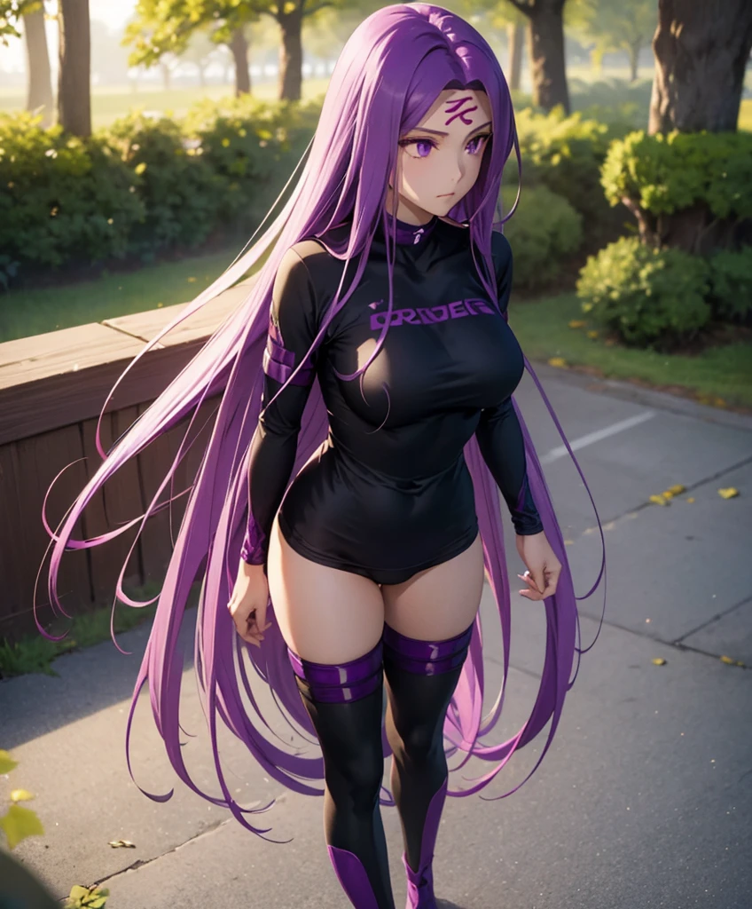 1girl, best quality, masterpiece, high resolution, solo, compression shirt, compression shirt purple, {medusa_fgo:1.15}, long_hair, purple_hair, very_long_hair, purple_eyes, breasts, big_breasts, compression shirt, stading