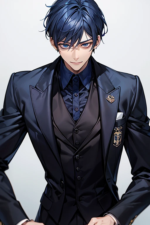 ((muste piece)), ((best quality)), ((brown skin)), ((dark blue eyes)), ((Dark blue hair))、handsome man , masculine、tall、sexy、Adult man、Three white eyes、handsome man、firmly、muscular、broad shoulders、smile、wild、とてもwild、(((black suit))、 (highest quality), very detailed, focus only， very detailed顔，Daiki Aomine、Diagonally up