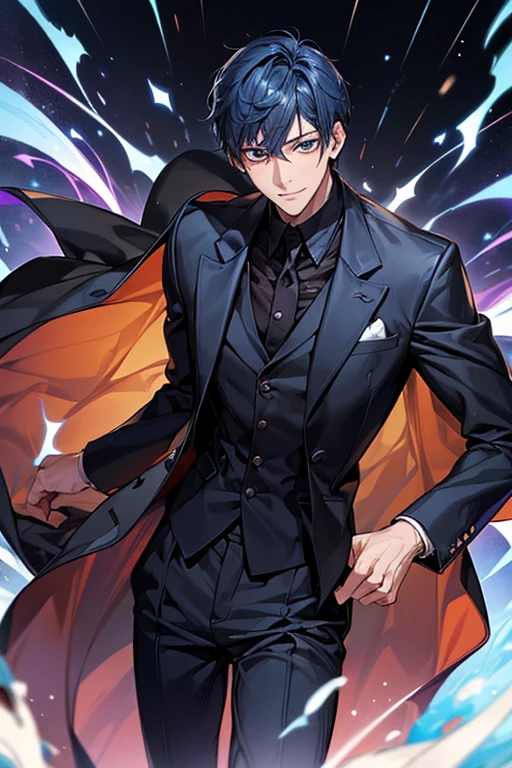 ((muste piece)), ((best quality)), ((brown skin)), ((dark blue eyes)), ((Dark blue hair))、handsome man , masculine、tall、sexy、Adult man、Three white eyes、handsome man、firmly、muscular、broad shoulders、smile、wild、とてもwild、(((black suit))、 (highest quality), very detailed, focus only， very detailed顔，Daiki Aomine、Diagonally up