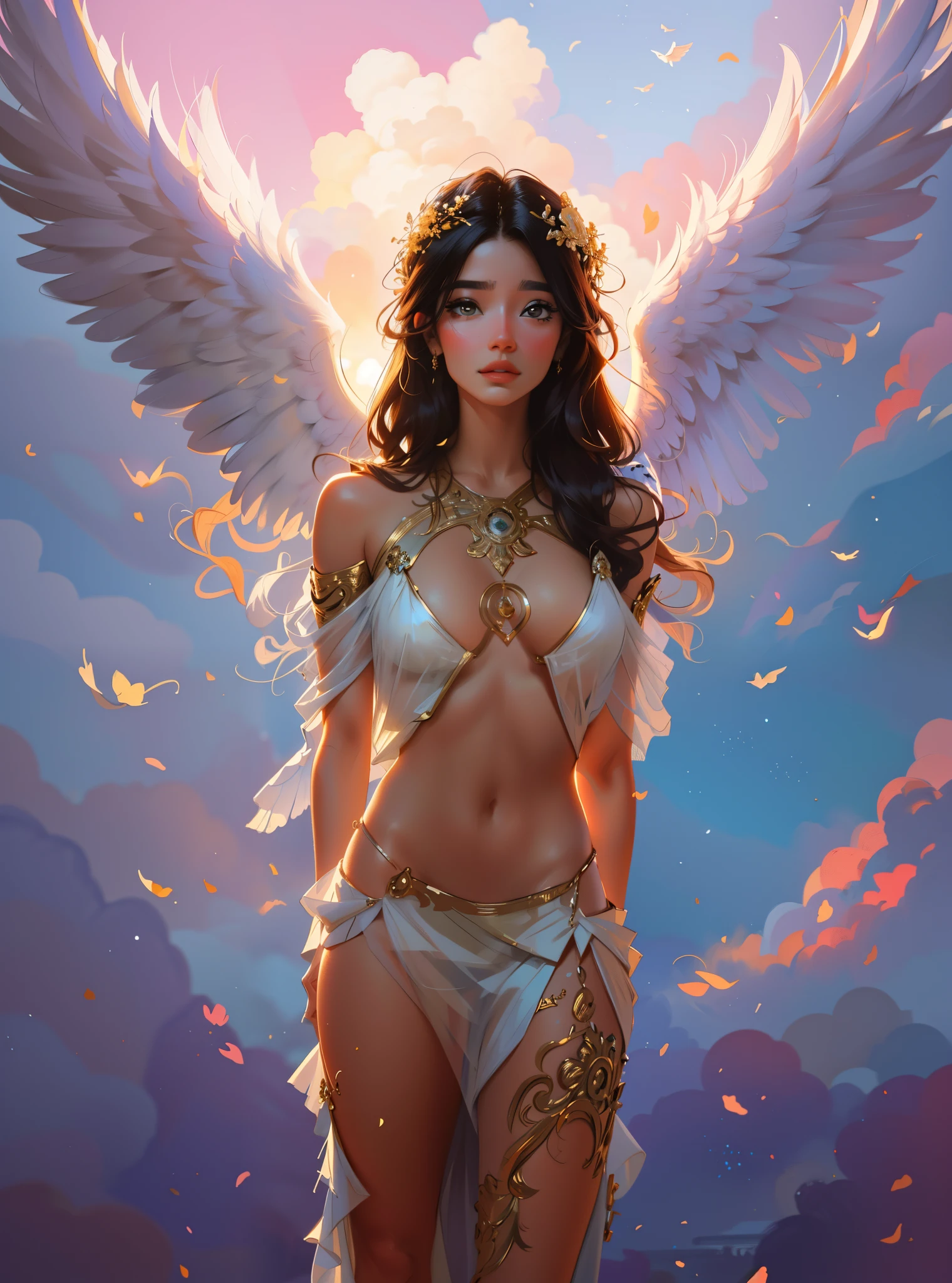 Mujer arafed vestida de blanco con alas y joyas de oro., beautiful female angel, germen de arte on artstation pixiv, of beautiful angel, germen de arte julie bell beeple, beautiful angel, ross tran 8k, Oh! | germen de arte, hasta el modelo | germen de arte, arte conceptual | germen de arte, germen de arte. animated illustration