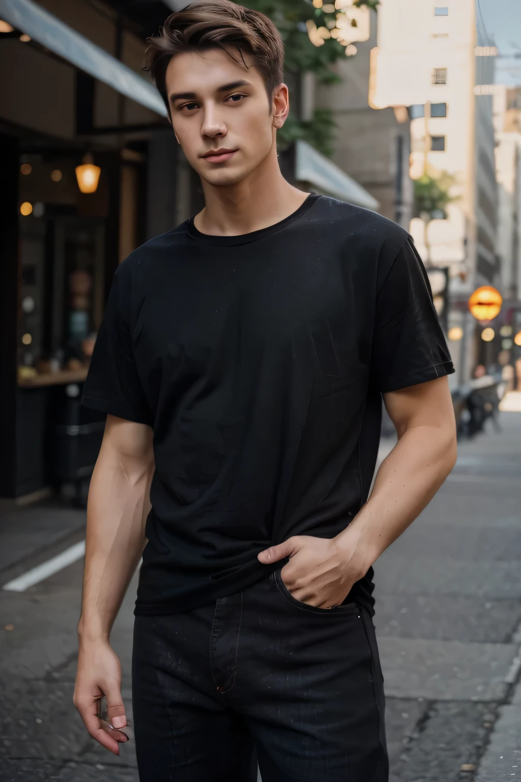 photo of 24 y.o handsome man, a man wearing a oversize black t - shirt and denim longpants, posing for picture, ((short sleeves)), plain black t shirt, bokeh, motion blur, sunlight, urban city background, ((perfect eyes)), ((perfect anatomy)), natural eyes, ((non-nsfw))