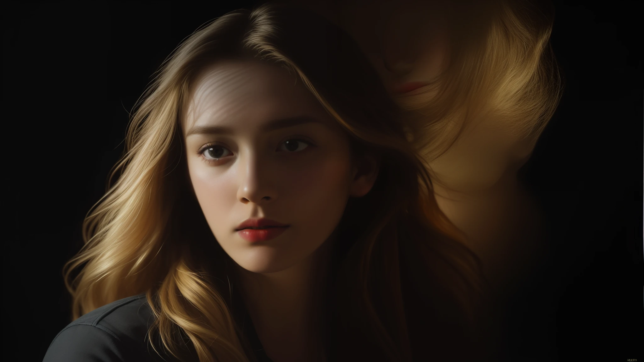 (front focus),(in the dark:1.6), Hyperrealist portrait of a woman by David Hockney and Alphonse Mucha, fantasy art, photo-realistic, dynamic lighting, art station, poster, very detailed faces, 4 k, award-winning,, 1girl, in the dark, deep shadow, low key, cowboy shot,(official clothing:1.4), long hair, blond hair,