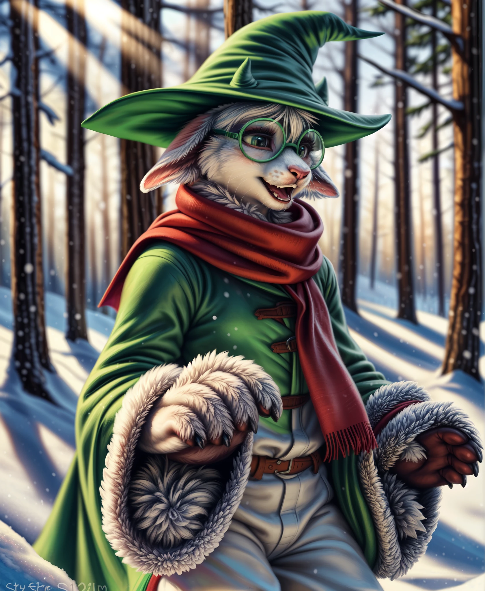 uploaded on e621, ((by Harriet Backer, by S1M, by The Giant Hamster, by Reylia Slaby, by Sabretoothed Ermine, by Supplesee)), ((detailed fluffy fur)), solo, kid, child, (goat), (((white fur))), (red scarf, green robe, green glasses), ((Ralsei)), white hair, cartoon, anthro, (soft shading), 4k, hi res, five fingers, paws, detailed hands, ((detailed face)), (((face portrait))), walking, (detailed background, snow, forest, winter, depth of field, half body shadow, sunlight, ambient light on the body), (masterpiece, best quality, ultra realistic, 4k, 2k, (intricate:0.9), (high detail:1.4), film photography, (soft focus:1.2), RAW photo, photorealistic, analog style, subsurface scattering, photorealism, absurd res)