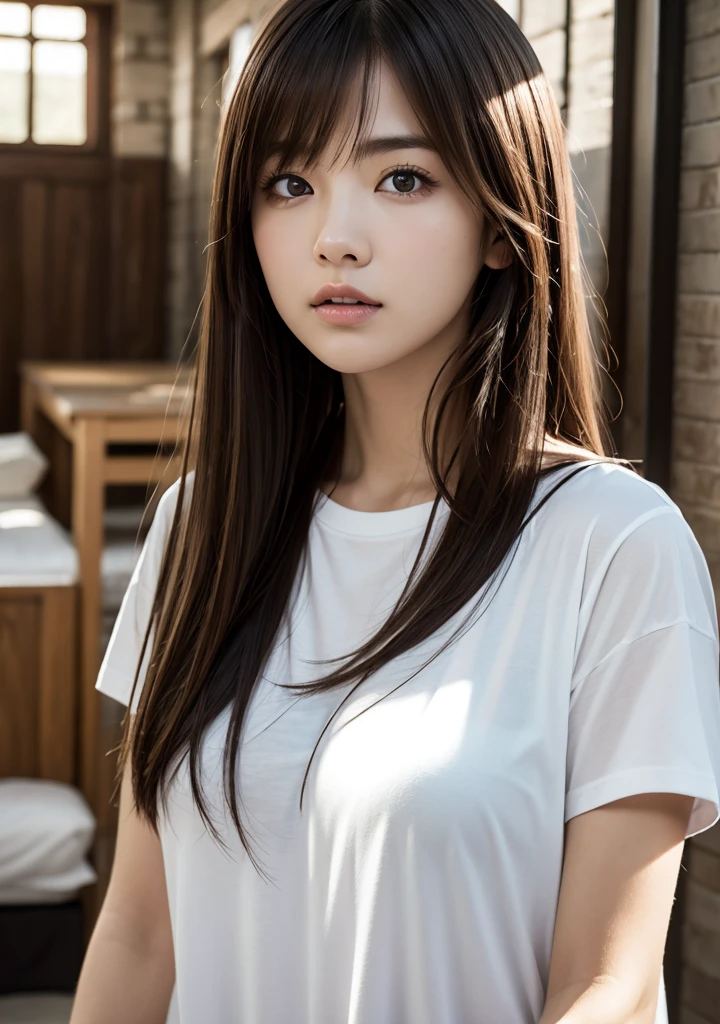 8K, Masterpiece, Raw Photo, Highest Quality, Photorealistic, High Definition CG Unity 8K Wallpaper, Depth of Field, Cinematic Light, Lens Flare, Ray Tracing, (Extremely Beautiful Face, Beautiful Lips), Beautiful Eyes) , face with intricate details, ((super detailed skin)) 1 girl, dark back, dark shadows, wearing a men's T-shirt,  girl, long brown hair, (black eyes 1.1), realistic face, Dramatic lighting, inside the room, design: Kanna Hashimoto
​