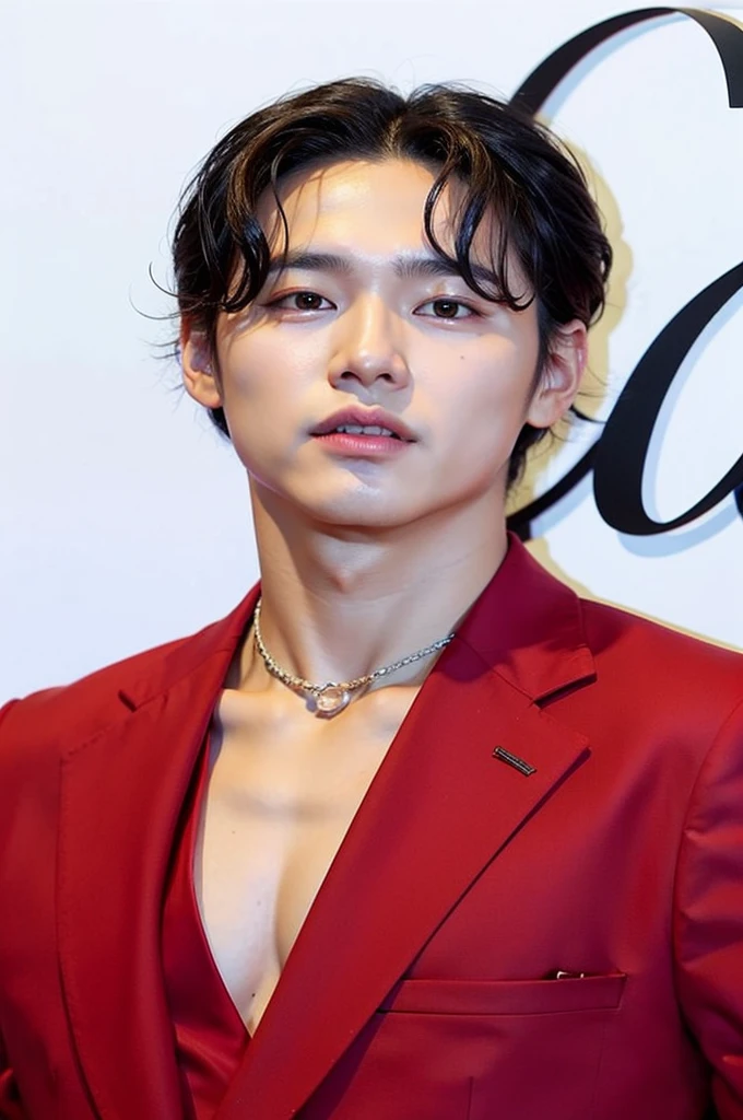un primer plano de un hombre con un traje rojo y un collar, cai xukun, Won Bin Lee, Siwoo Kim, Jinyoung Shin, kim doyoung, inspirado por Zhang Han, taken in the early 2020s, hyung tae, yanjun chengt, TaeJune Kim, jia, Hwang se - es, hombre surcoreano, muy guapo, seventeen mingyu