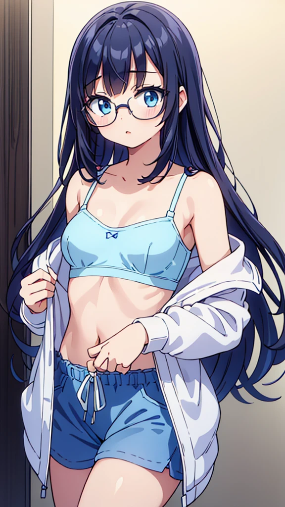 She is only wearing a pastel blue front-hook bra on her upper body.、On her lower body, she is only wearing pastel blue panties that come with a bra.、Straight black hair and glasses、An illustration of a beautiful -teerl with long hair who is excitedly trying to fasten the front hook of a pastel blue colored front hook bra that she is wearing for the first time.。