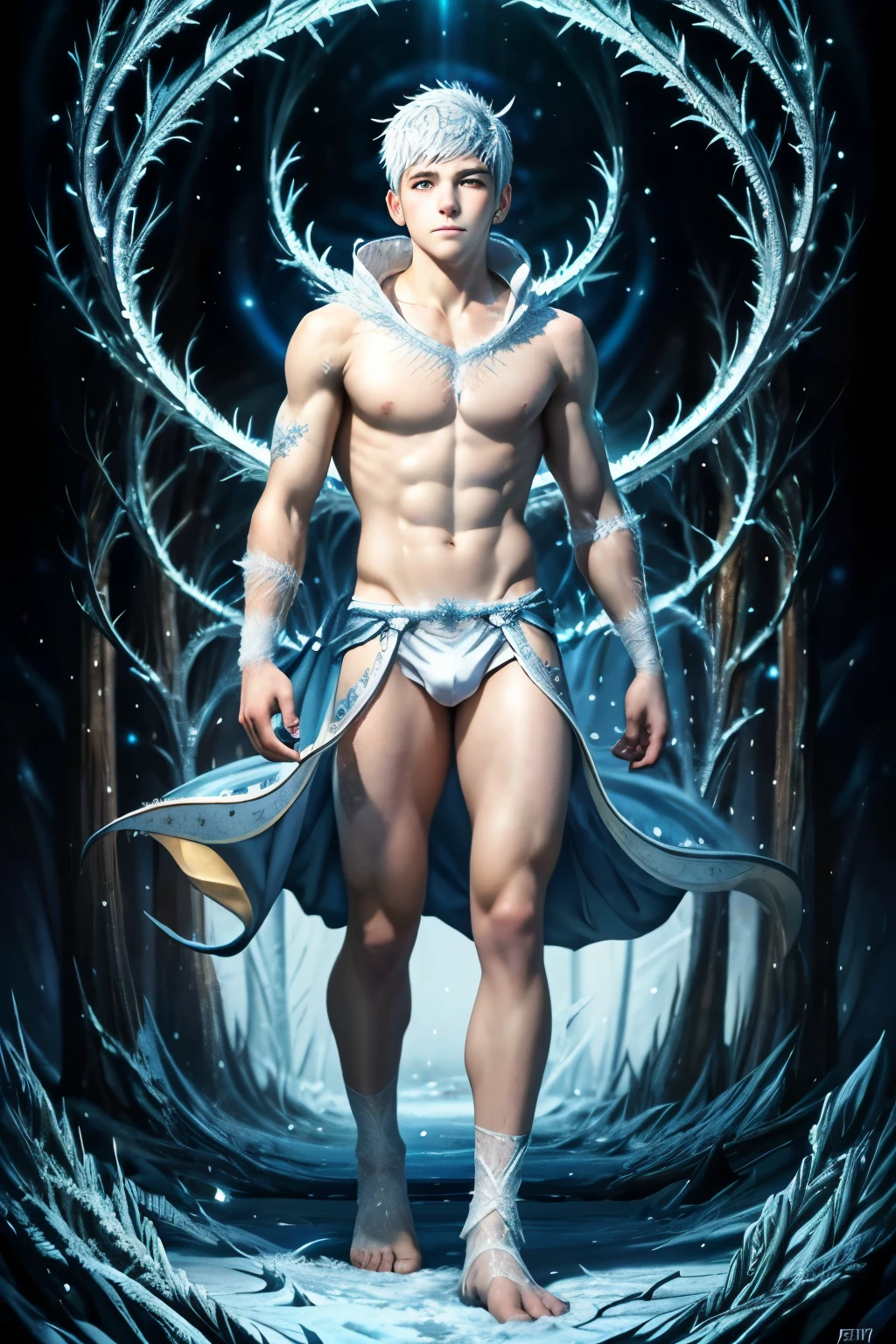 (Jack Frost: 1.6), young man, 18 years old, milk white skin, blue eyes, white hair, shirtless, 6-pax abs, (full body shot), young boy, 18 years old, beutiful, perfect, milk white skin, slim body, very detailed blue eyes, very pale skin, barefoot in a snow forest, winter. (masterpiece:1.4, best quality), (intricate detail), Unity 8k wallpaper, Ultra Detailed, (abstract art:1.2), (Anato Finnstark style:1.3), boy from another dimension, a symphony of iridescent colors merging and shifting seamlessly, dynamic pose with rotating patterns of energy around you, a mix of determination and serenity in his expression, a general feeling of transcendence and exploration, consumed by inner darkness, empty waiting you, (Beautiful cosmic eyes), perfect lighting, perfect shading, (Children face)