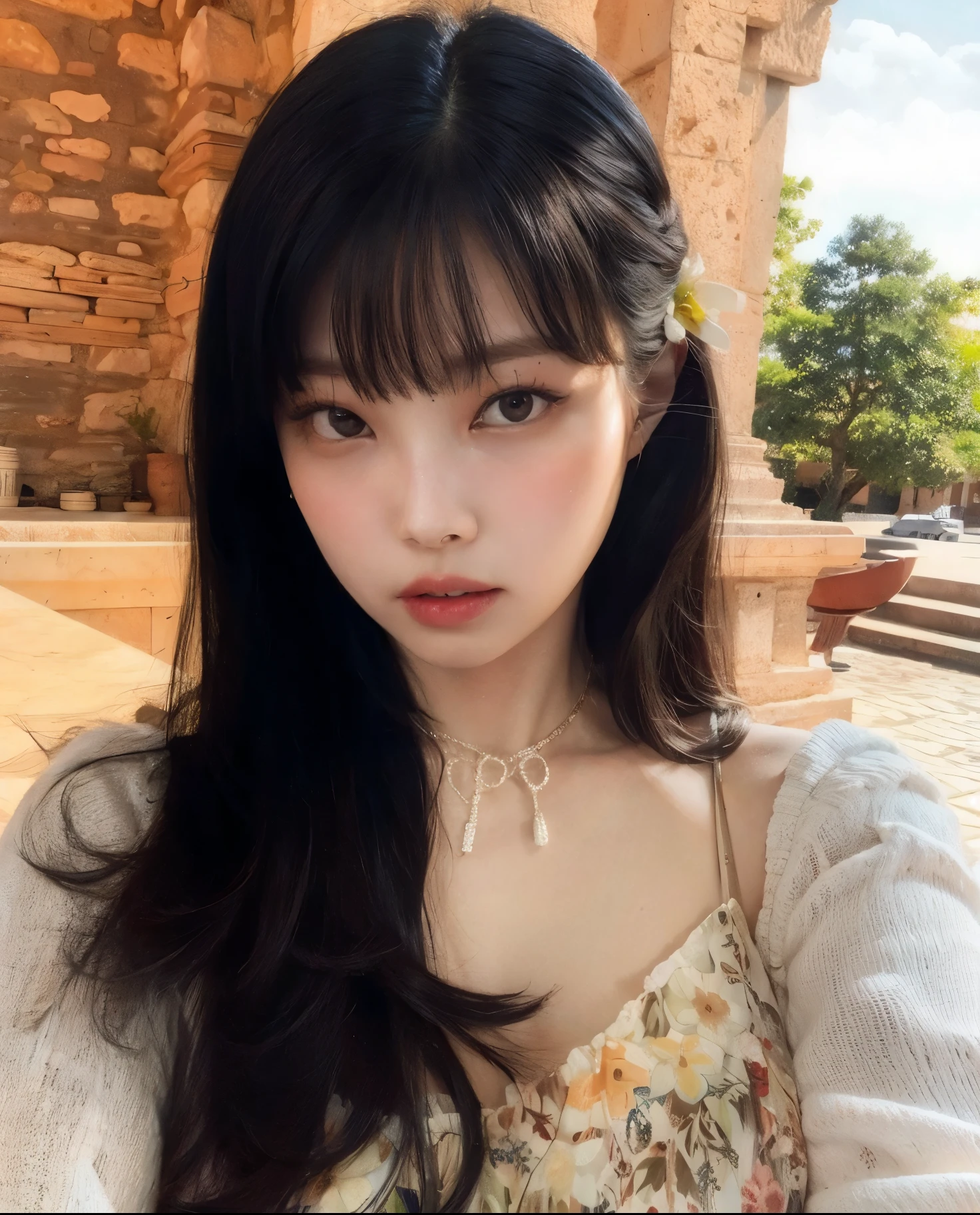 un primer plano de una mujer con el pelo largo y un vestido de flores, Lalisa Manobal, ulzzang, Young cute pale asian face, muchacha coreana, hermosa mujer surcoreana, con flequillo, Lalisa Manoban de Blackpink, peinado de corte hime blanco, anime chica tailandesa, hermosa joven coreana, neat hair con flequillo, beautiful asian girl, Aespa karina, Aespa Winter