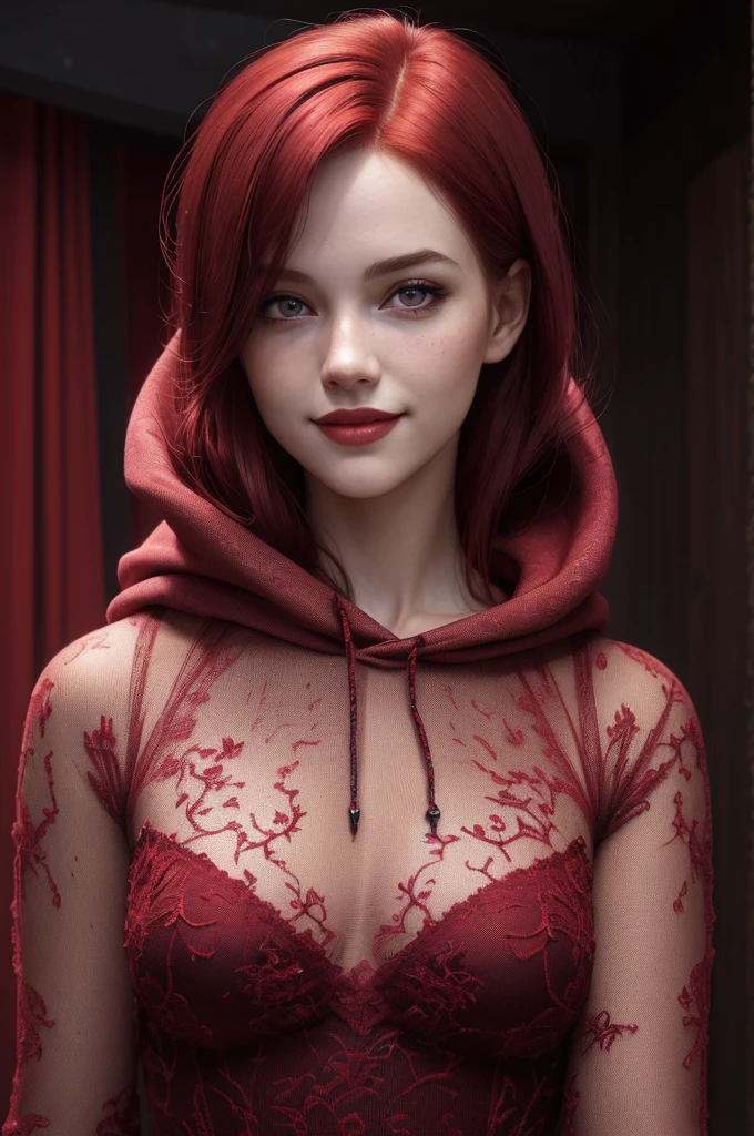 (best quality,4k,8k,highres,masterpiece:1.2),ultra-detailed,(realistic,photorealistic,photo-realistic:1.37),Crimson haired girl,Psychopathic smile,detailed eyes,fierce expression,beautiful detailed lips,slim figure,wearing a tight black hoodie dress,posing with confidence,vivid colors,sharp focus,soft lighting,Surreal art style,deep red color palette,ethereal atmosphere.