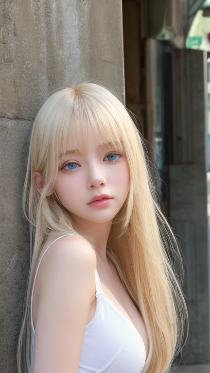 Glowing blonde dancing in front of cute face、long silky bangs that cover the eyes、Very large and bright pale sky blue eyes、very big eyes、long blonde hair that hides her face、Sexy cute age woman's super long blonde shining bright straight hair、blonde hair above the eyes、片blonde hair above the eyes、blonde between the eyes、Very bright white and young beautiful skin、Shiny skin、cheek gloss、cheek highlights、small face beauty、face over the hair、ample breasts