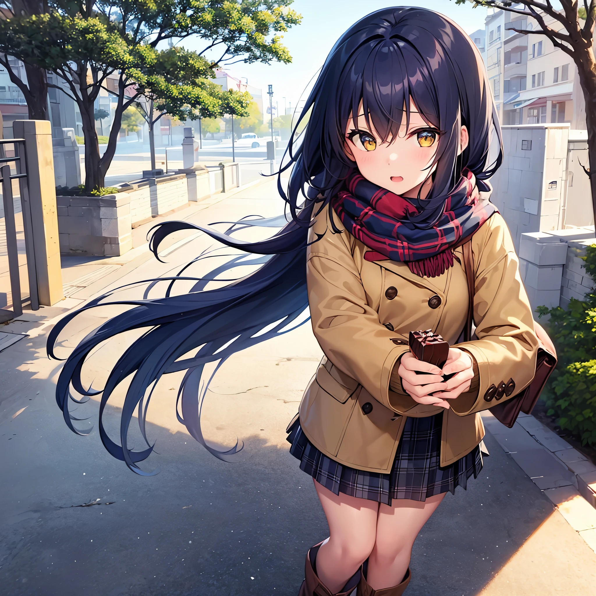 one girl、embarrassing、valentine's day、winter、dark blue hair、yellow eyes、Scarf、coat、boots、knitted sweater、Handing over packaged chocolate sweets、Front perspective、avert your eyes、highest quality、whole body