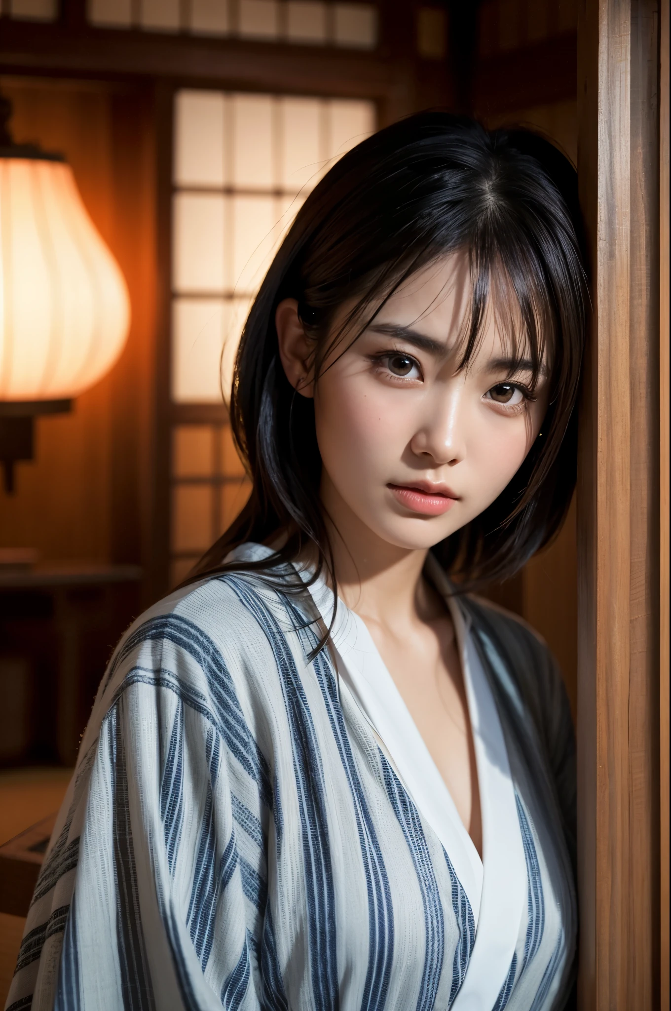 Highly detailed CG Unity 8k wallpaper, highest quality, masterpiece, (Realistic, photorealistic:1.4), ultra high res, (A beautiful Japanese Mature Woman in a Yukata with Monotone vertical stripes, solo), Inside a room in an old-fashioned Japanese onsen ryokan, medium shot, Perfect feminine figure, Fascinating milf, Amazing beautiful face, bewitching Goddess, parted lips, glossy sweaty skin, cinematic composition, professional moody lighting and shading, ((extremely detailed eyes and face, eyes with beautiful details, insanely detailed beautiful realistic skin texture)), (correct body balance, accurate hands, accurate eyes)