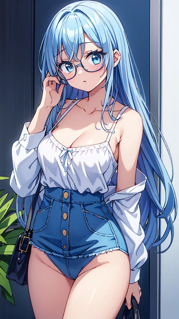 sticking to shirt、Her breasts are visible through her blue and white striped shirt、Blue flared skirt、She lifts her skirt to reveal her cute white lace underwear、Long haired girl wearing glasses