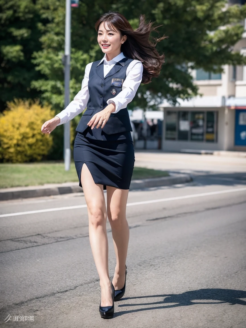 nsfw,detailed,8k raw、 sharp lines,highest quality,Bright and dark light,Canon Photo Crystal Clear ,(Realistic:1.2),cowboy shot、 (company uniform、company vest、Company skirt fluttering in the wind)、high heels,sexy pose、Take a full body photo,happy、glamorous figure、medium long hair、((The wind is blowing))、valley