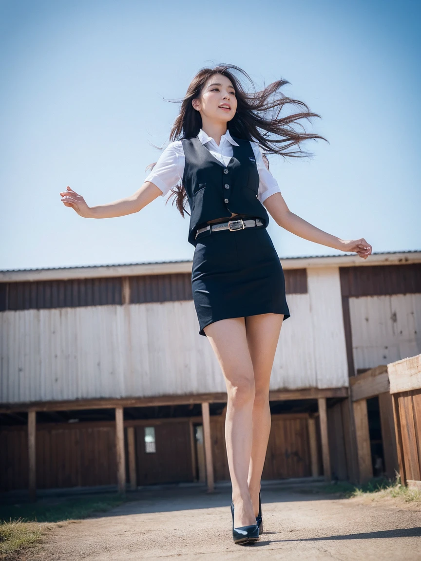 nsfw,detailed,8k raw、 sharp lines,highest quality,Bright and dark light,Canon Photo Crystal Clear ,(Realistic:1.2),cowboy shot、 (company uniform、company vest、Company skirt fluttering in the wind)、high heels,sexy pose、Take a full body photo,happy、glamorous figure、medium long hair、((The wind is blowing))、valley