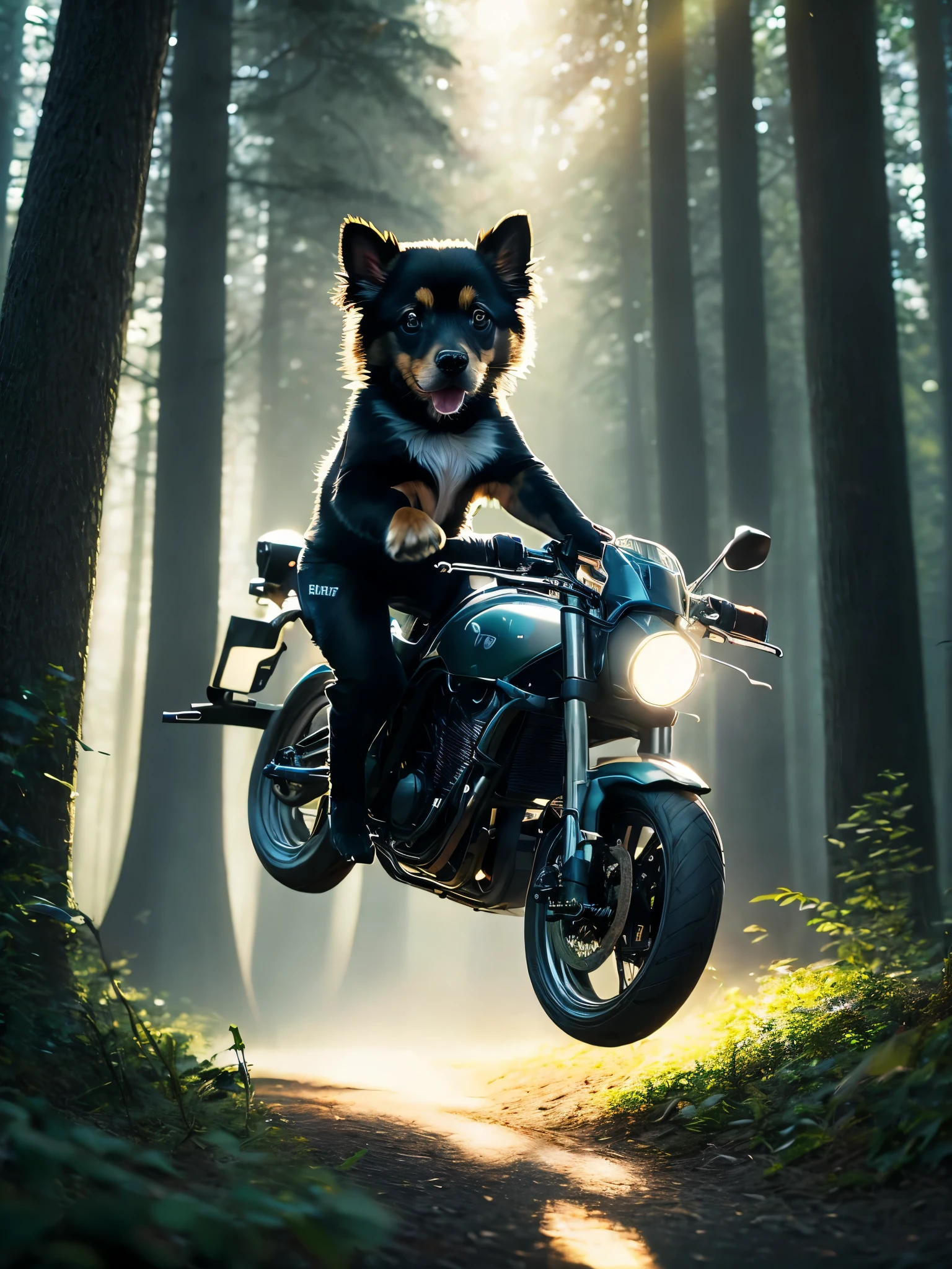 I ride a motorcycle.close up photo of a very cute jumping puppy in the forest, soft volumetric lights, (backlit:1.3), (cinematic:1.2), intricate details, (ArtStation:1.3), Rutkowski、バスケット選手のコスプレ